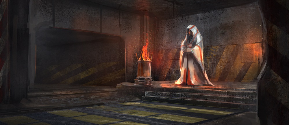 A member of the Sisterhood of Pyrus stood next to a religious flame.